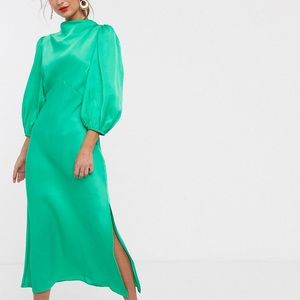 ASOS DESIGN cowl neck satin tea midi dress with puff sleeve